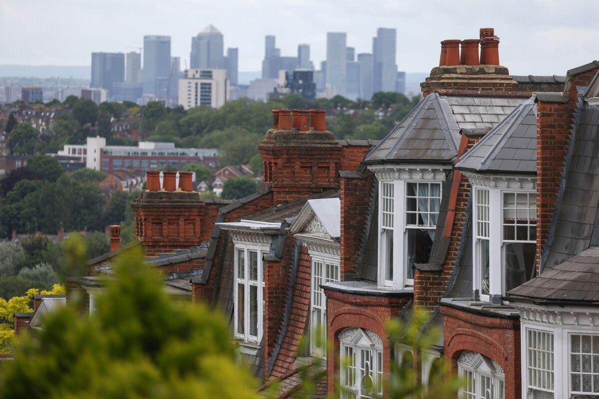 Rooftops and chimneys of UK terraced houses
