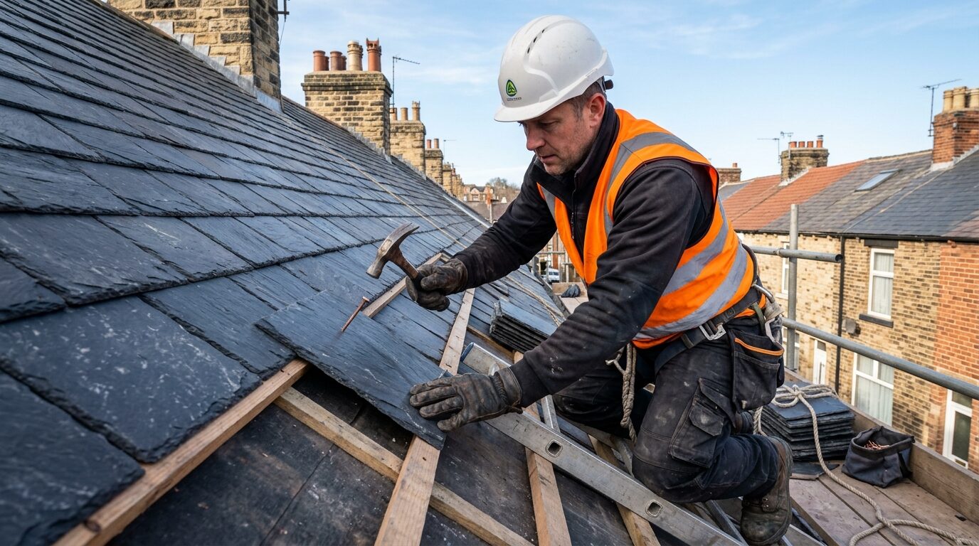 Professional roofer laying slate on a residential roof