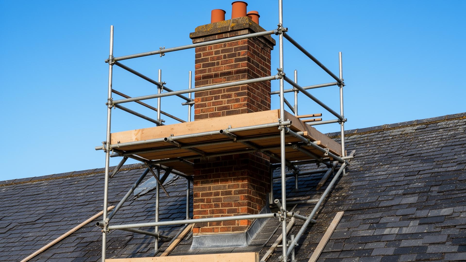 Brick chimney stack with scaffolding for repointing
